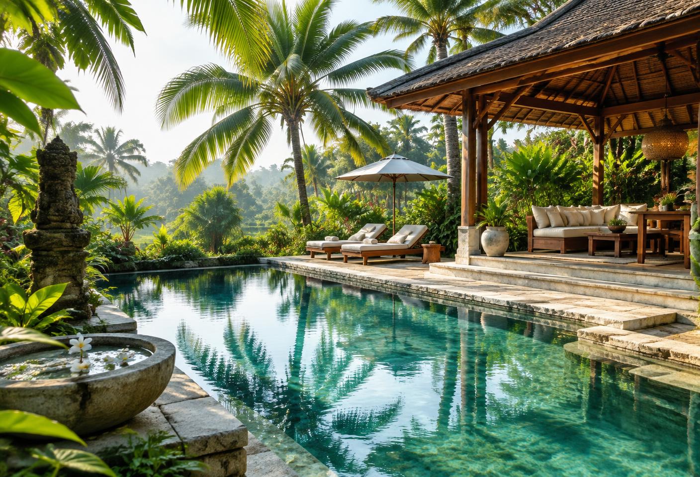 Illustrative tropical pool and open wooden pavilion in a Balinese garden