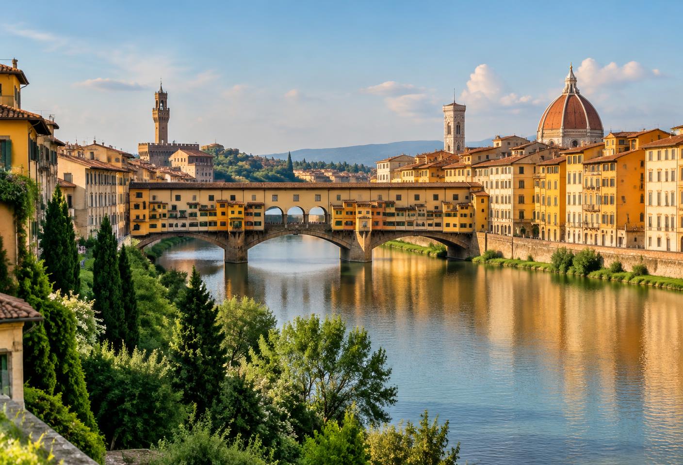 Florence rooftops and Ponte Vecchio reflected in the Arno