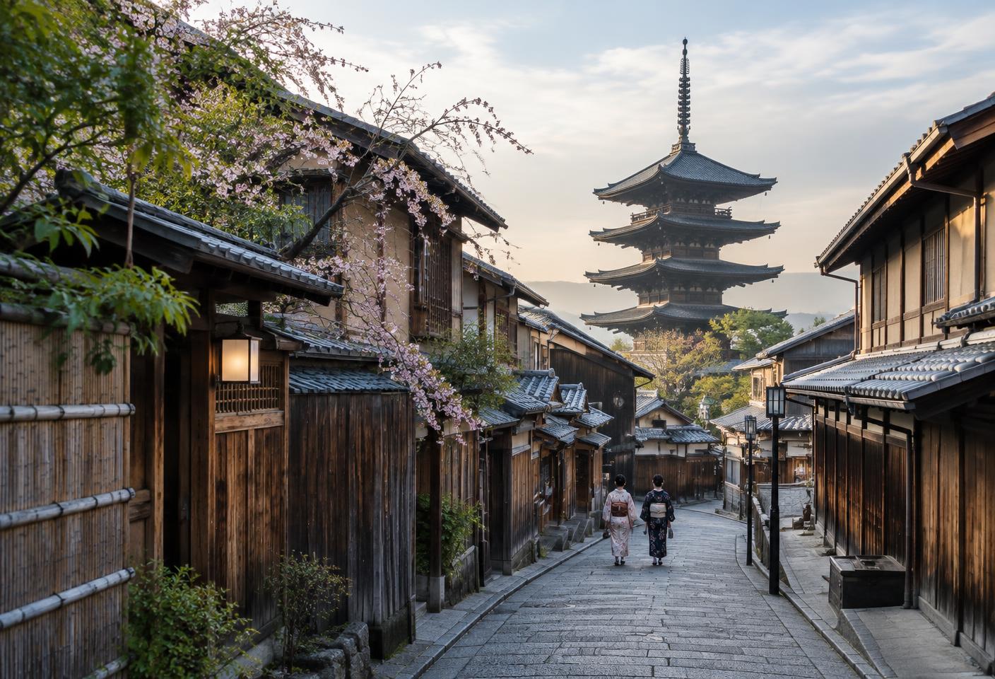 Two visitors on a traditional Kyoto street beneath Yasaka pagoda