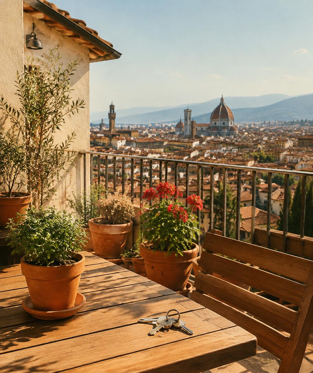 Sunny terrace with house keys overlooking Florence rooftops